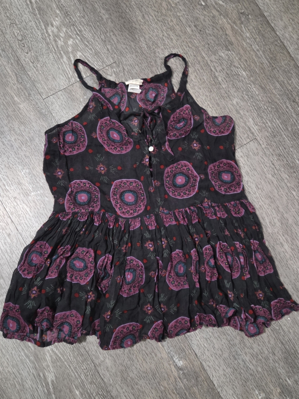 NATURAL LIFE Black Spaghetti-Strap Sheer Tank with Purple & Pink Medallion Print